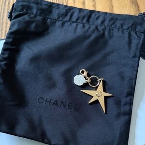 CHANEL Empty Box with Gold Star Charm Keyring and small drawstring bag
